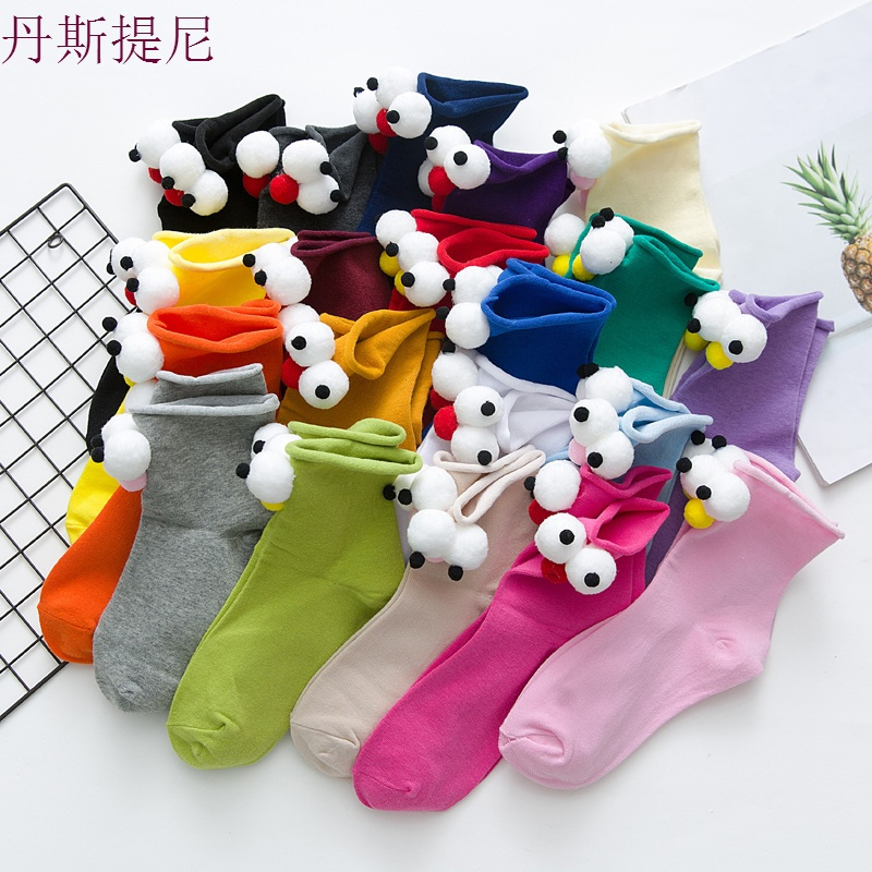 ins抖音立体大眼睛袜子女春秋款3d短袜可爱搞怪卡通中筒袜长袜潮