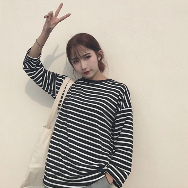 艳如飞秋冬新款韩版原宿风bf上衣服潮宽松条纹长袖t恤女学生加绒打底