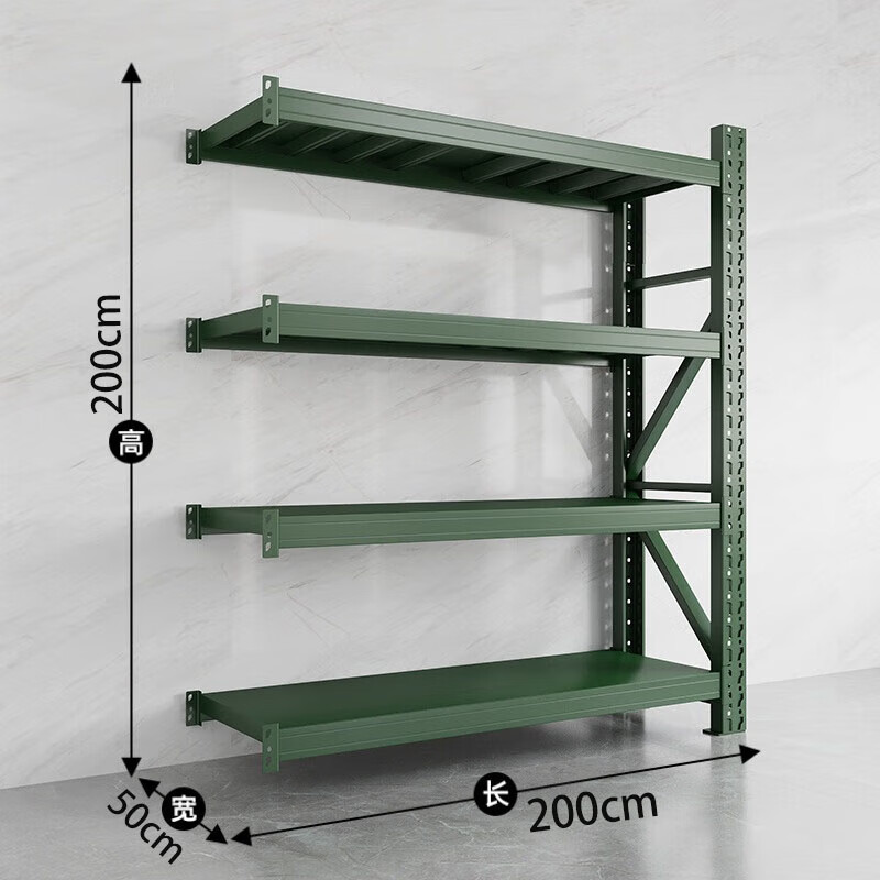 戴劲货架仓储库房储物架军绿色四层副架500kg/层重型200*50*200cm高清大图