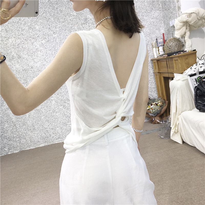 女装夏季小心机背心上衣性感交叉露背棉质百搭圆领纯色打底t恤女白色