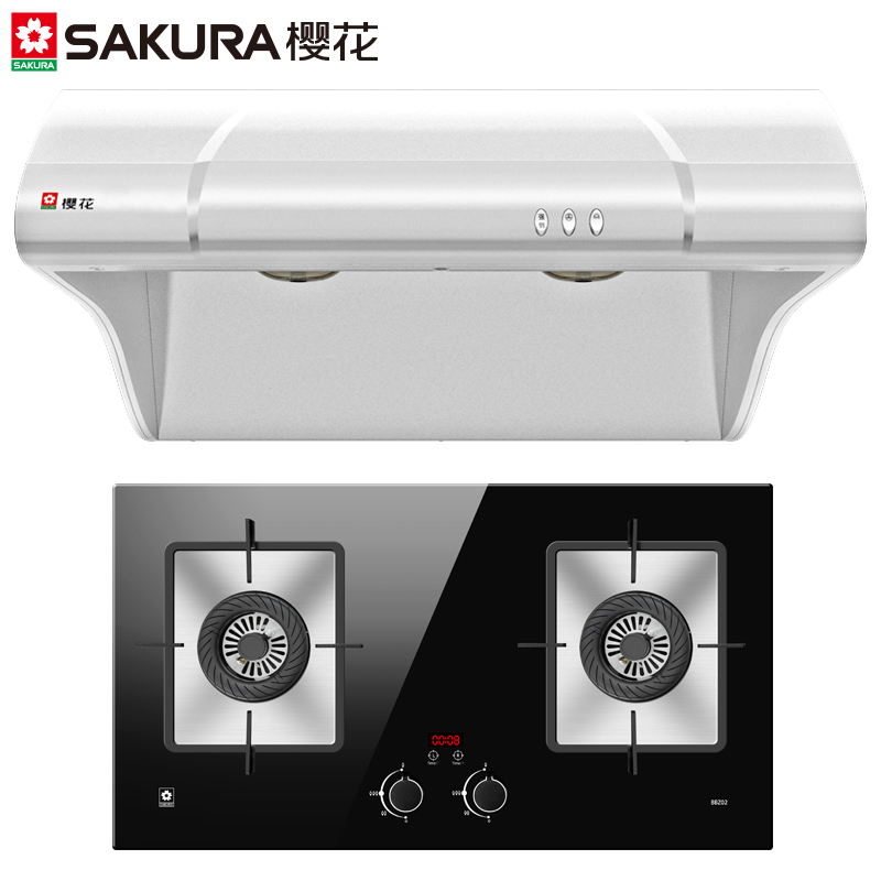 樱花(Sakura)22+BBZ02 按键式抽吸烟机顶吸式中式油烟机12.5m3/min不锈钢烟机嵌入式套装(天然气)