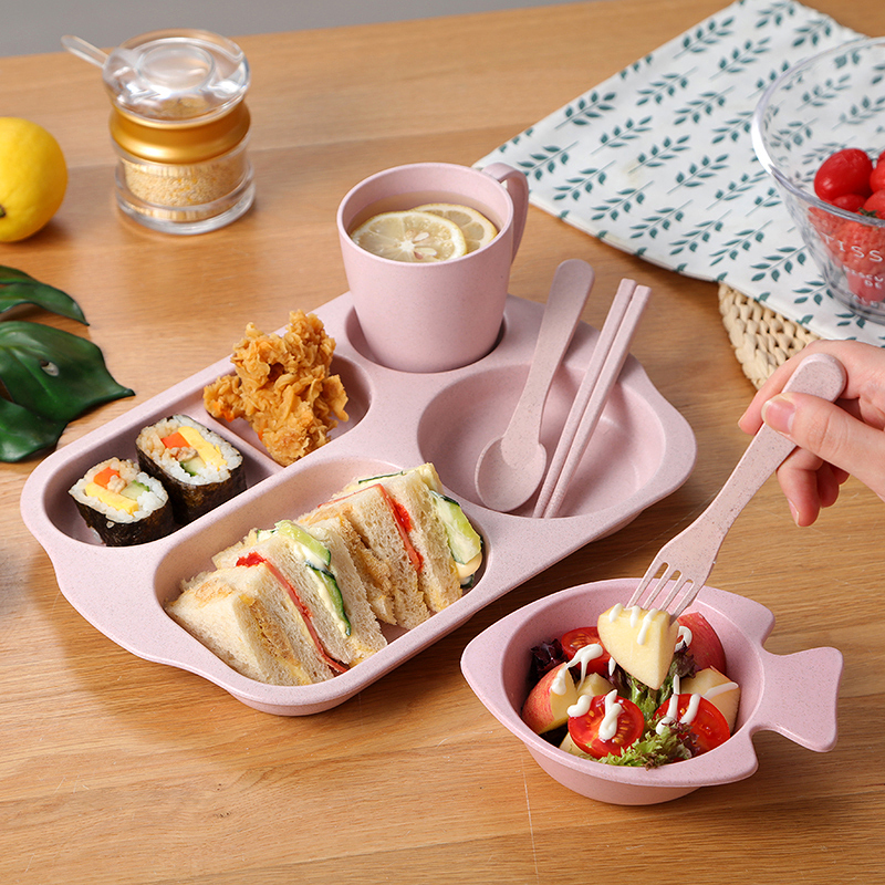 儿童餐盘套装幼儿园午餐盘分格吃饭盘子卡通宝宝餐具-带图案北欧粉6件套