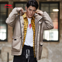 李宁中长款羽绒服男士连帽外套休闲白鸭绒运动服