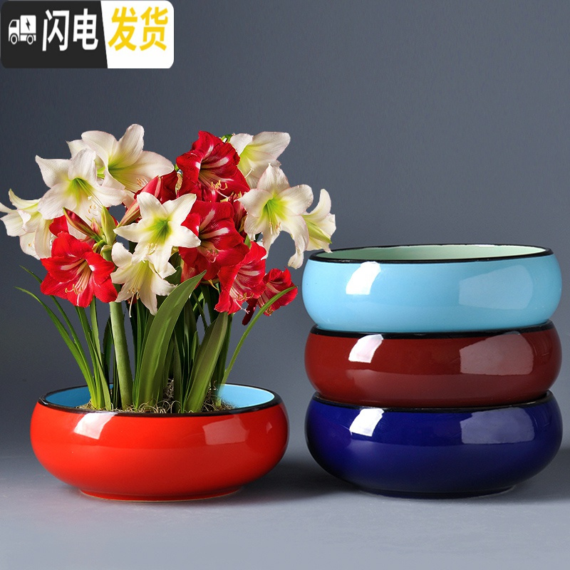 三维工匠水仙花盆陶瓷大口径无孔铜钱碗莲一叶莲室内大号水培盆 图片款式两个一组 大花盆容器高清大图
