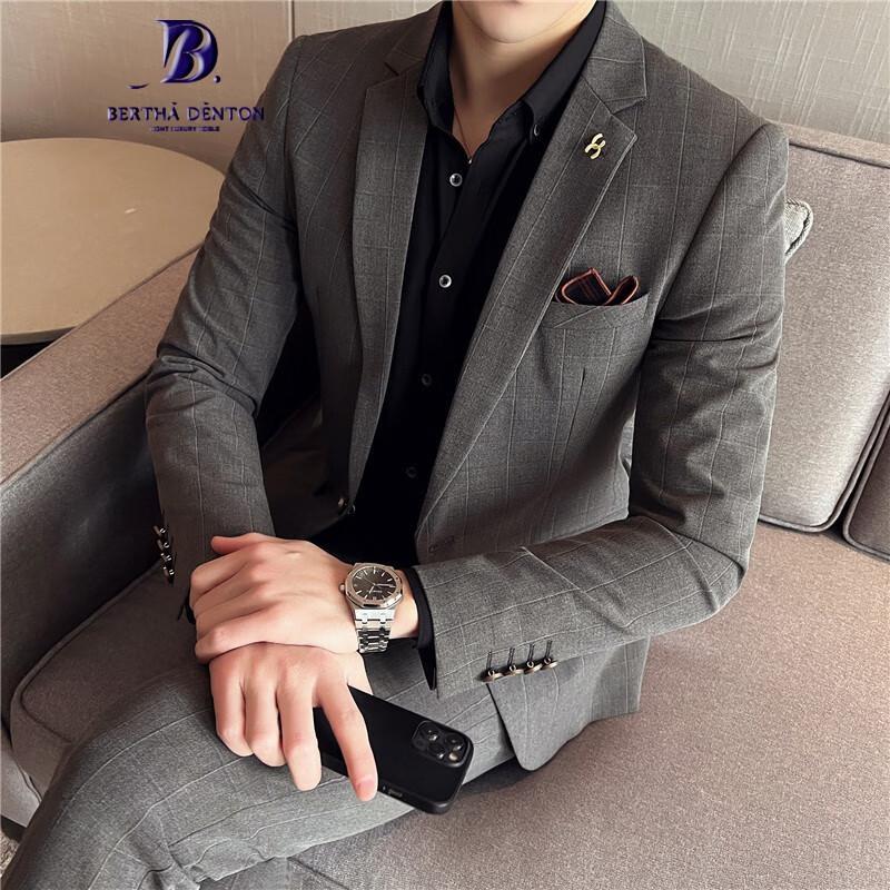 伯莎丹顿品牌西装套装男结婚修身休闲商务正装大码西服男士礼服