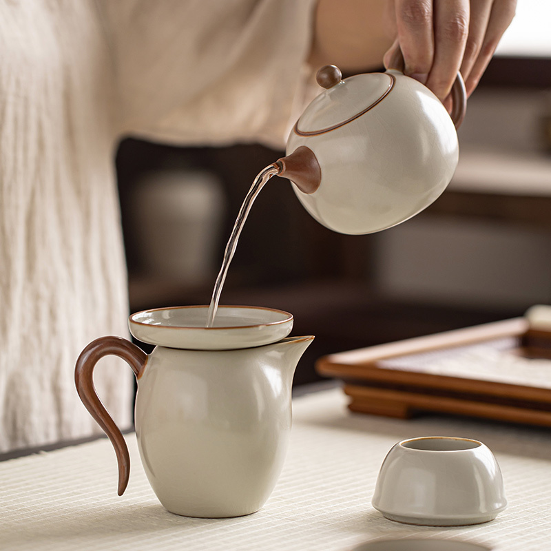 金镶玉 仿宋汝窑茶具套装 家用整套陶瓷西施壶泡茶功夫茶具送礼礼盒装 秋露米黄汝窑茶具套装 10头
