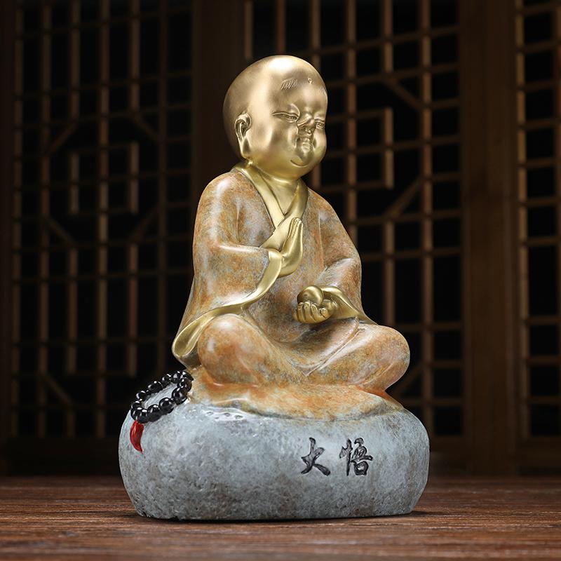美帮汇大悟禅意小和尚摆件小沙弥佛像铜像客厅茶几茶桌装饰茶道办公桌室高清大图