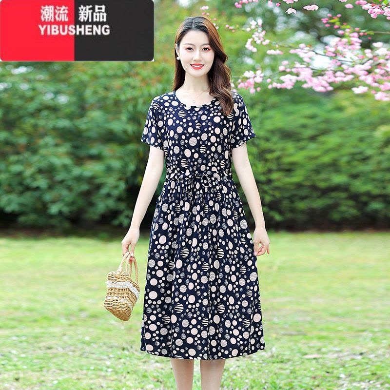 YIBUSHENG微胖妈妈装棉绸连衣裙宽松大码中老年女装人造棉短袖裙子有口袋图片