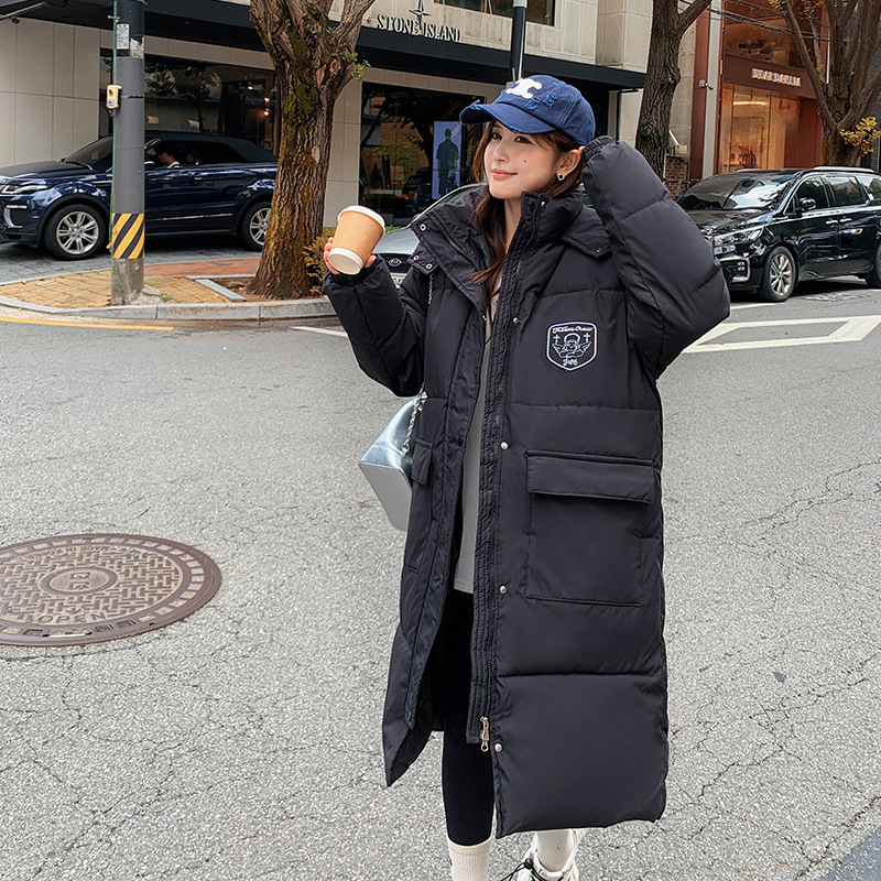 2023冬季韩剧女学生黑色棉服连帽过膝中长款羽绒棉衣加厚棉袄外套高清大图