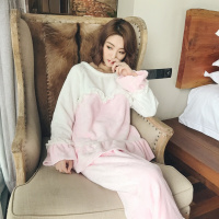 冬季新款韩版法兰绒女睡衣套装 舒适接拼色保暖花边公主风家居服
