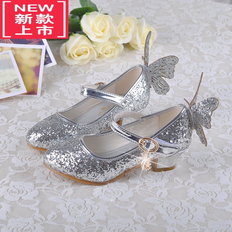 可莉允新款艾莎女童皮鞋亮片高跟公主鞋 6儿童带翅膀水晶鞋小朋友表演鞋运动休闲鞋图片