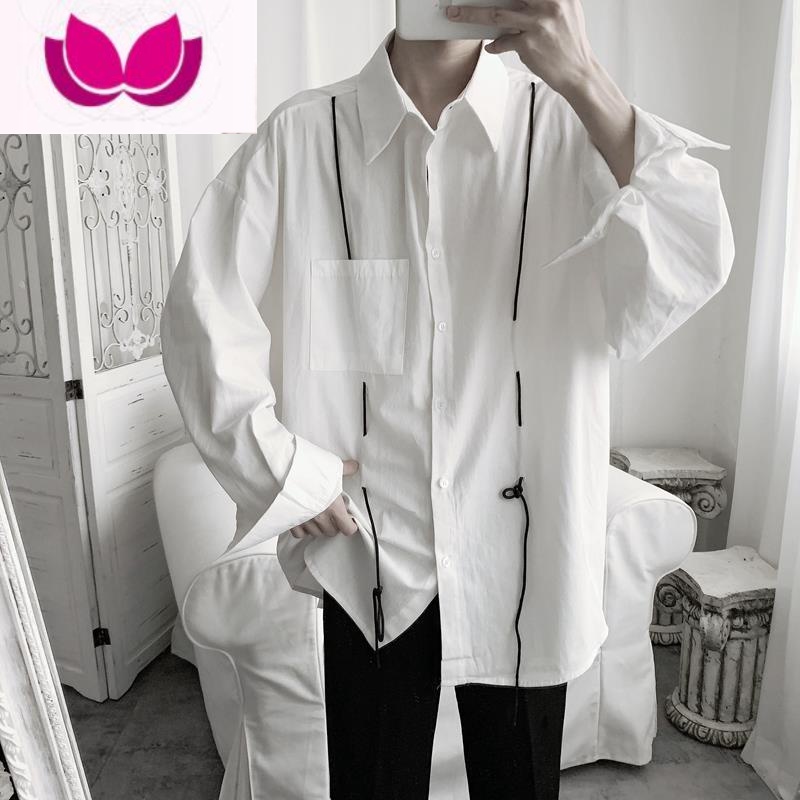 七斓港风扎染宽松衬衫男长袖早秋韩版学生ins男士衬衣暗黑禁欲系寸衫 LP-C88双线白色 S80-100