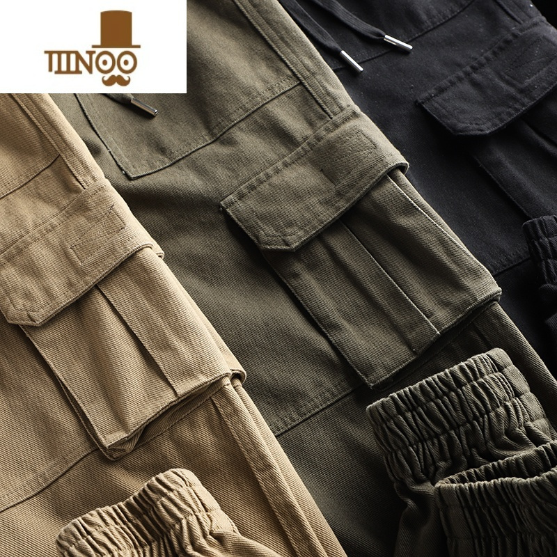 yanxu设计师线工装风棉质纱卡男士松紧腰多袋束脚休闲裤长裤