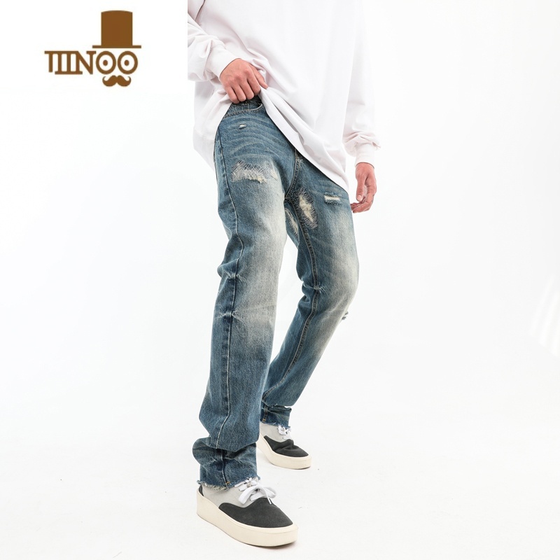 YANXU欧美复古水洗蓝色磨破毛边直筒牛仔裤潮牌高街裤子男显瘦坠感U裤高清大图