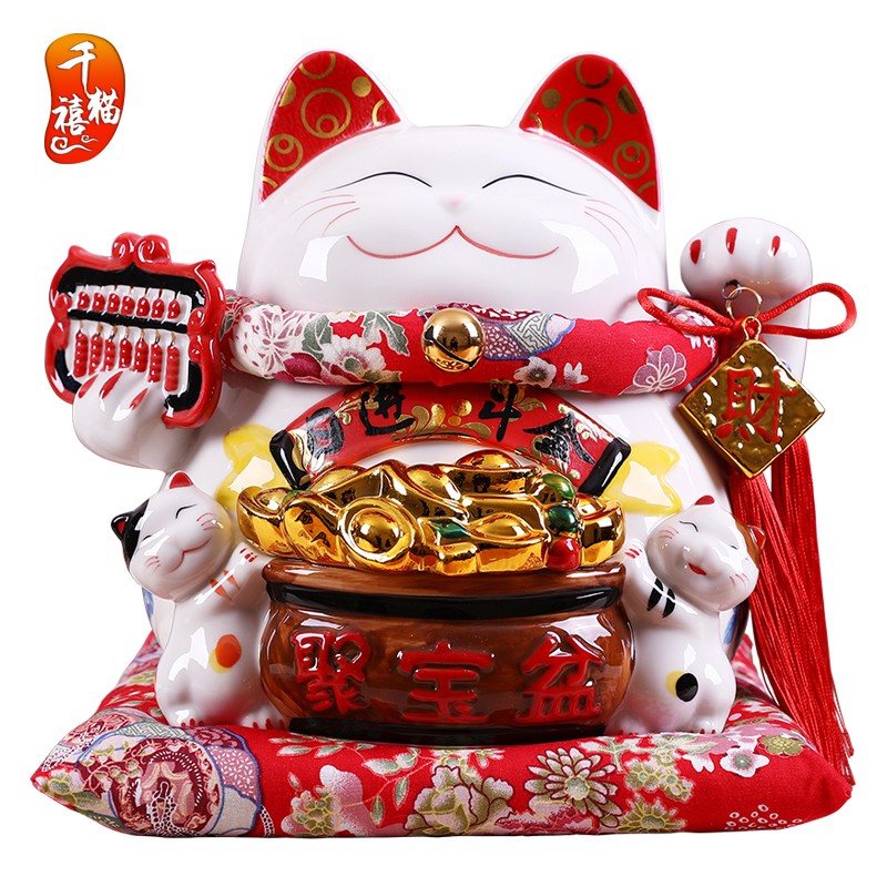 猫摆件 发财猫大号日本陶瓷存钱储蓄罐店铺开业创意礼品家居 三维工匠 10寸四季发财(木底座)猫高清大图