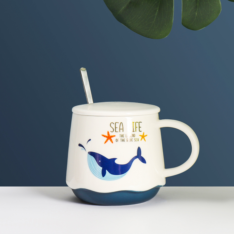 海洋卡通鲸鱼带盖勺陶瓷创意潮流家用牛奶杯陶瓷杯子马克杯水杯