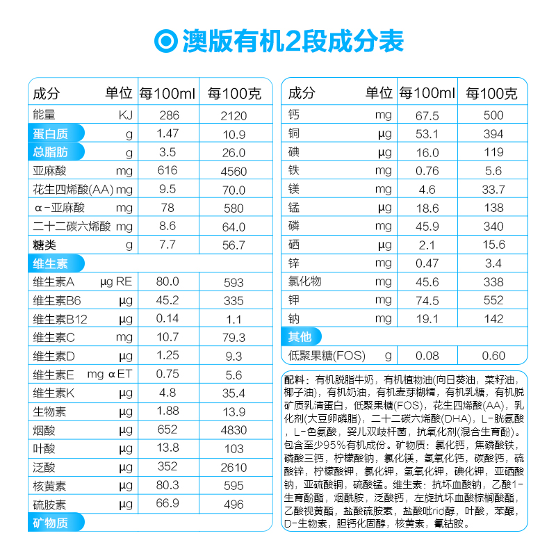 法国进口 合生元(BIOSTIME)有机2段奶粉 6-12个月800g*6罐装