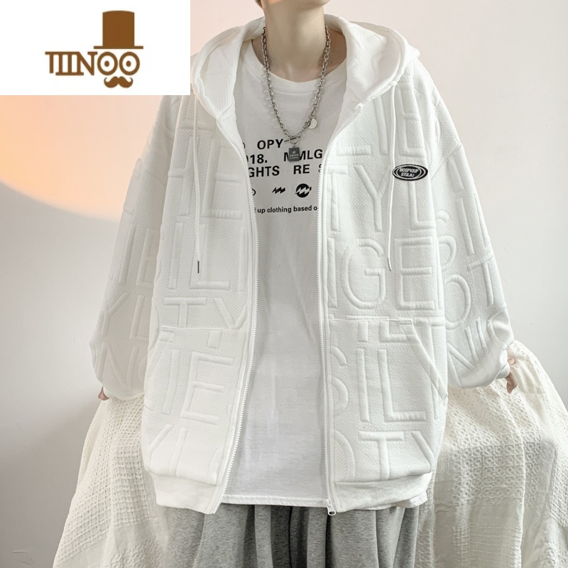 YANXU外套男新款潮牌拉链字母开衫卫衣ins港风百搭宽松连帽上i高清大图