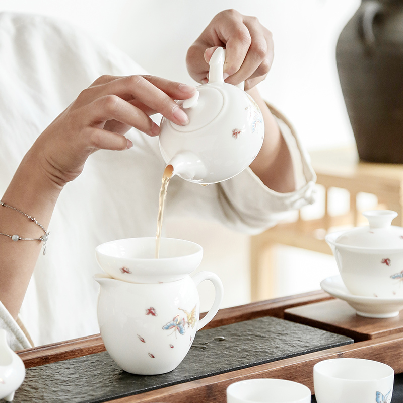 常生源 茶漏 陶瓷功夫茶具 羊脂玉白瓷 茶滤 滤茶器 浮雕对花 蝶韵茶漏