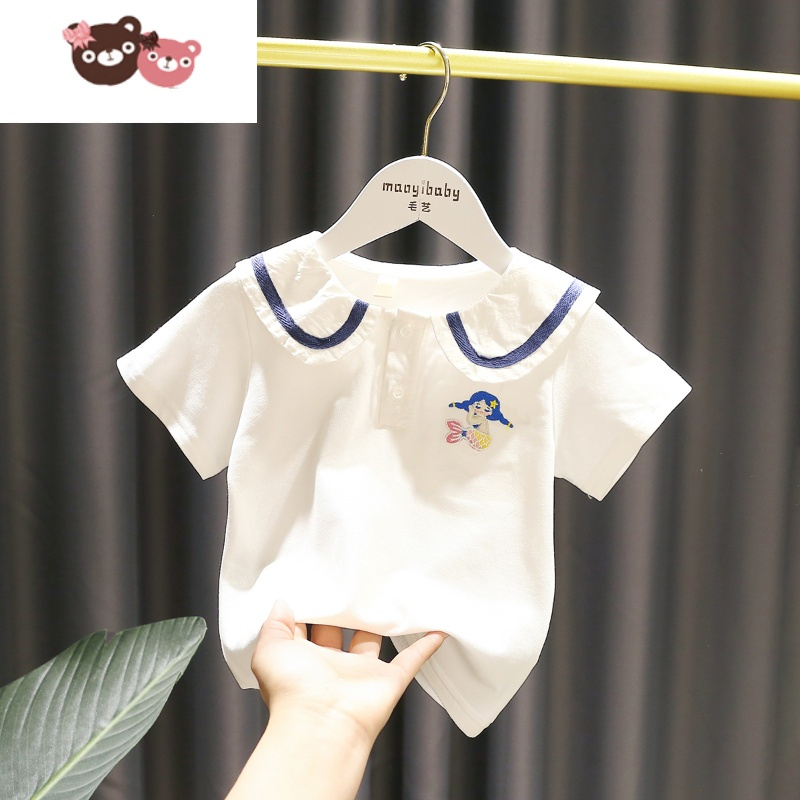 绿彩虹光1-5岁女宝宝文艺翻领上衣女婴儿夏装学院风女童高级网眼棉短袖T恤
