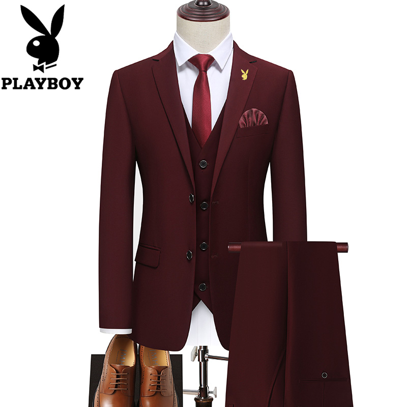 花花公子西服套装男士三件套修身商务正装西装伴郎新郎结婚礼服男高清大图