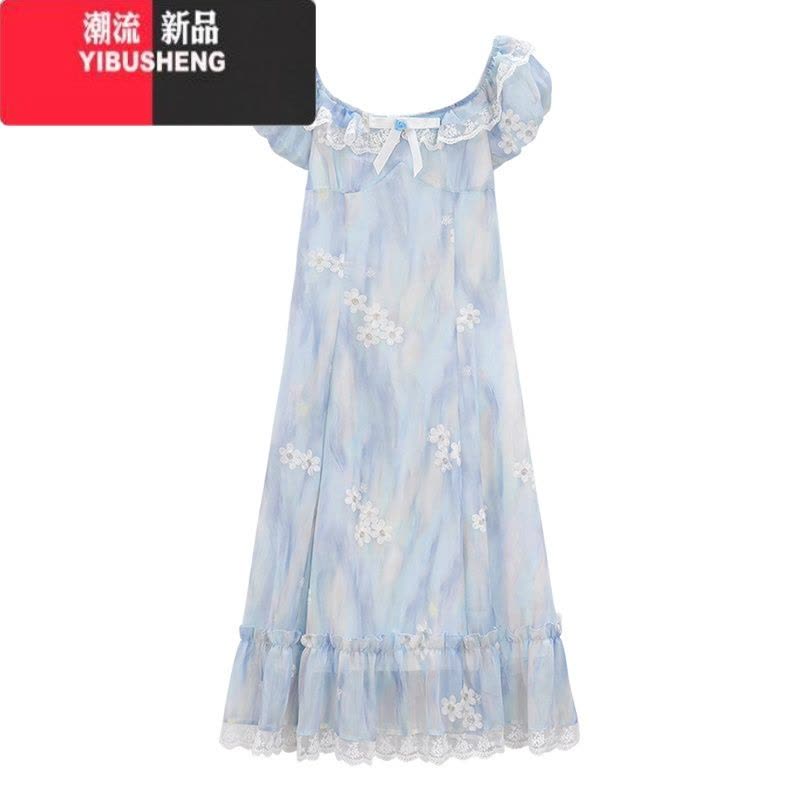 YIBUSHENG氛围感方领泡泡袖连衣裙女季新款度假风很仙的显瘦蕾丝拼接长裙图片