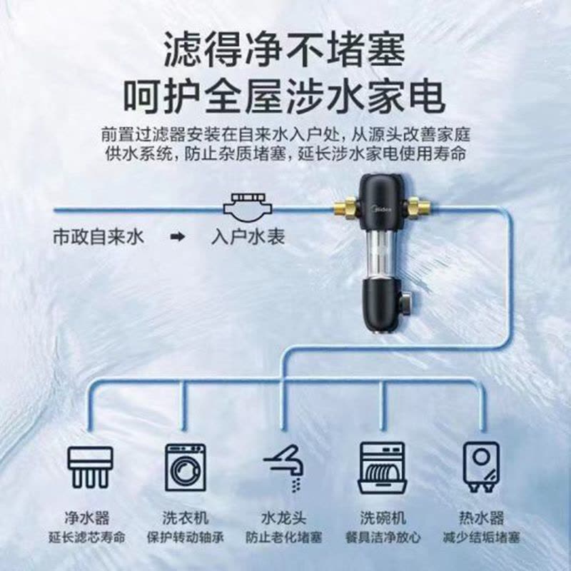 美的(Midea)家用前置 QZBW20S-48过滤器 3T/h大流量 40微米高精度 三重冲洗 不锈钢免换芯全屋净水器图片