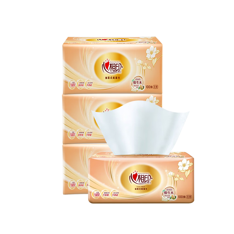 心相印(Mind Act Upon Mind) 金装经典 100抽三层加厚纸面巾抽纸 4包