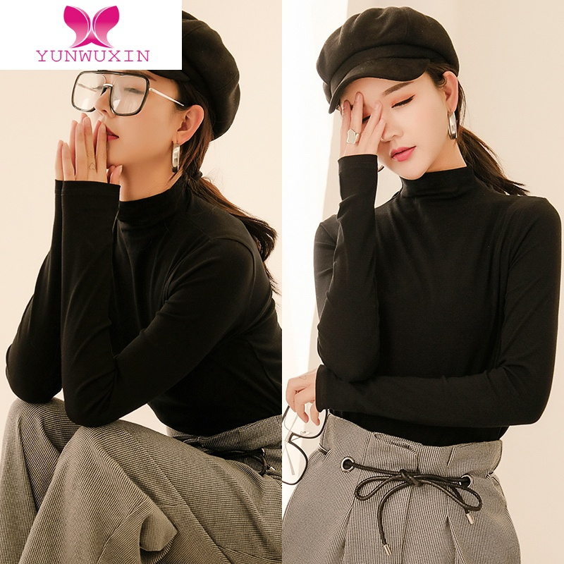 YUNWUXIN半高领纯色加绒打底衫女新款2022黑色内搭长袖t恤上衣女