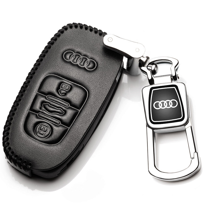 【补贴10%】2020款奥迪A4L A6LQ5 Q3专用Q7 A1A3真皮钥匙包汽车钥匙保护套扣汽车钥匙包 B款黑色+扣（插入式启动）