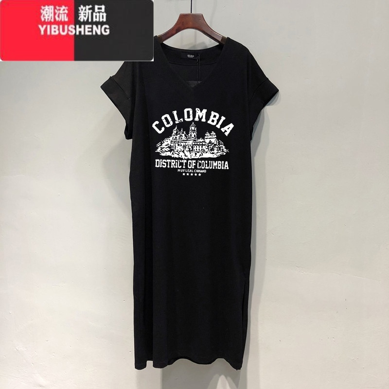 YIBUSHENG大码女装V领连衣裙季中长款过膝短袖t恤裙子慵懒风显瘦长裙
