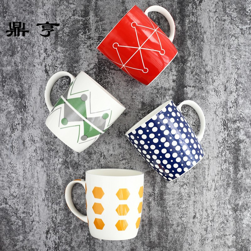 鼎亨水杯 4个装 陶瓷茶杯子大容量水杯 马克杯简约情侣杯咖啡杯牛