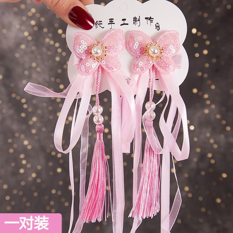 发夹儿童中国风手工发卡女童汉服头饰宝宝夹子可爱公主铃铛发饰 F-03粉色