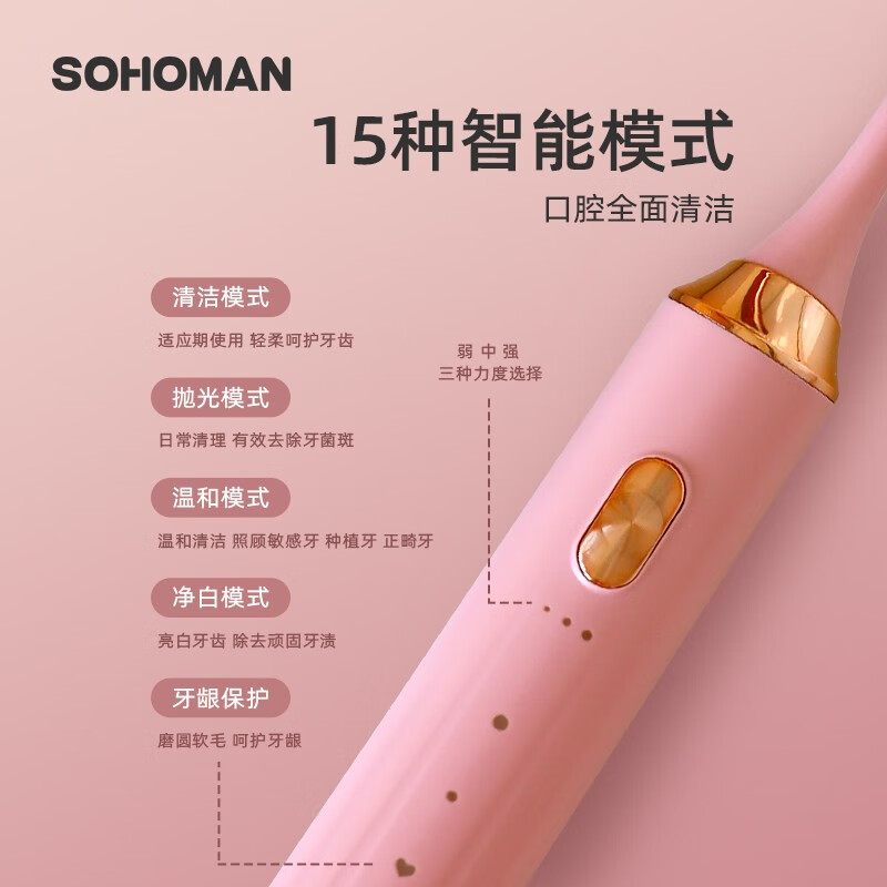索哈曼 电动牙刷Y1 蜜桃粉高清大图