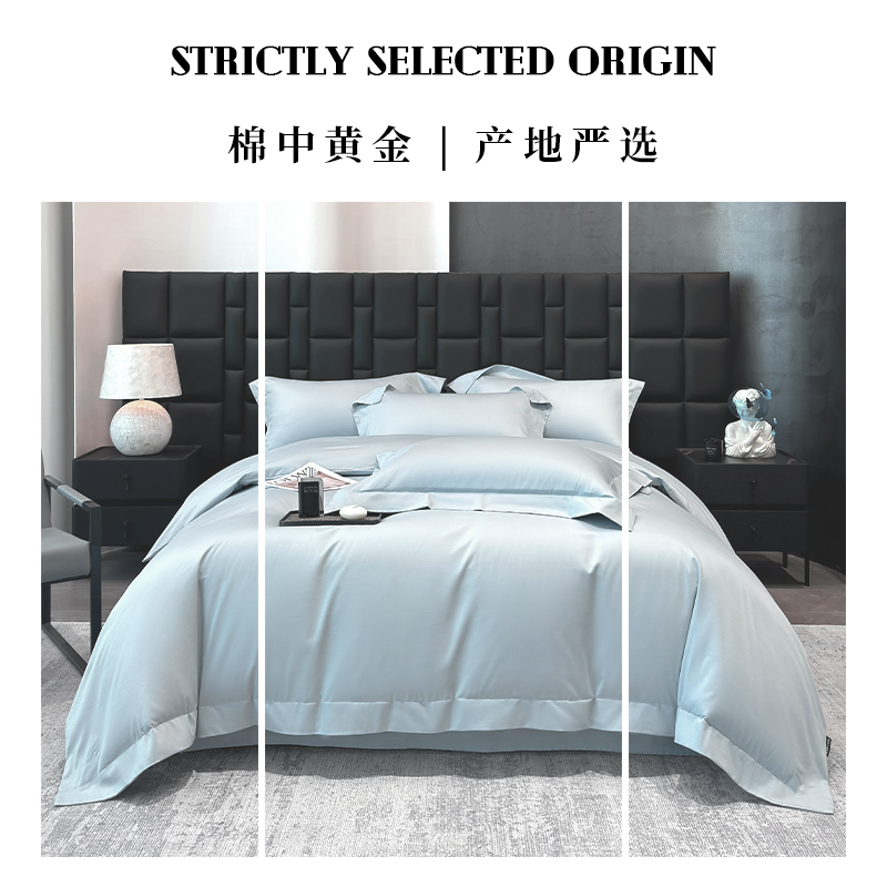 伊伊爱高密缇芙宽边长绒棉四件套 云水蓝高清大图