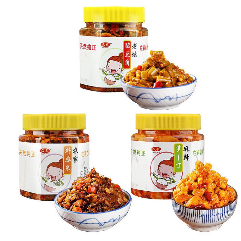 咸菜大全萝卜干酸豆角外婆菜木瓜丝五仁酱丁开胃下饭神器批发瓶装 酸豆角+五仁酱丁+麻辣萝卜丁