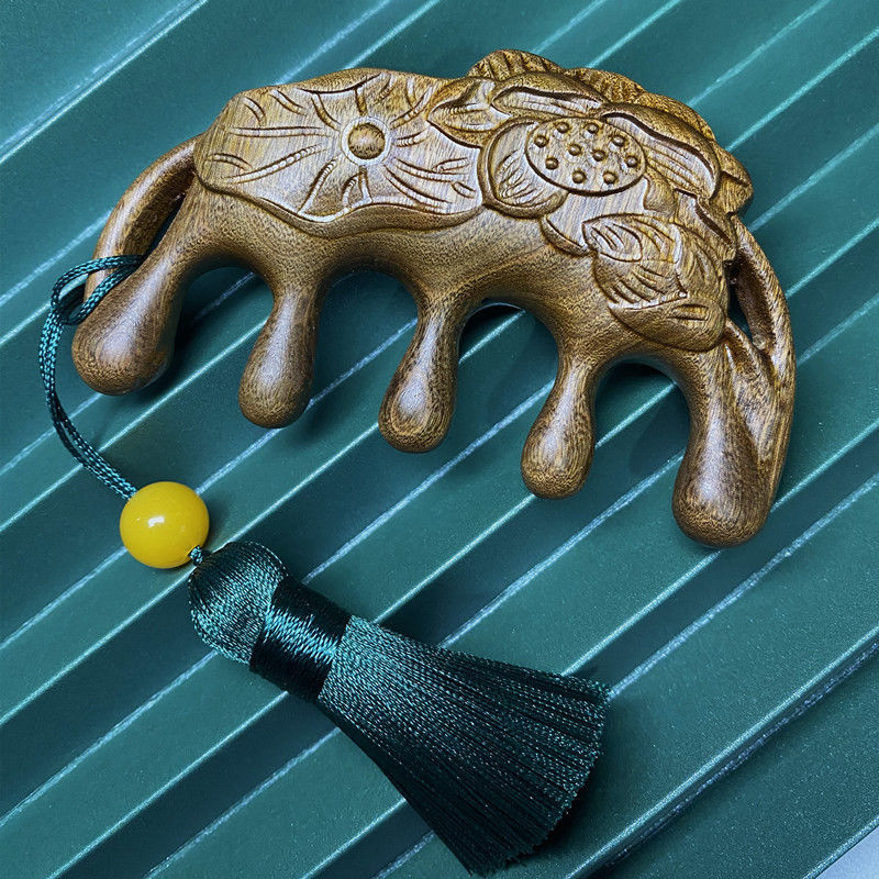 (荷有花)绿玉檀木经络梳按摩器木梳子通乳腺头疗颈手腿全身刮痧 金丝