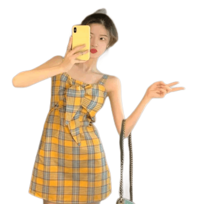 大码宽松显瘦连衣裙新款夏季网红格子少女学生减龄时尚仙女吊带裙莎丞图片