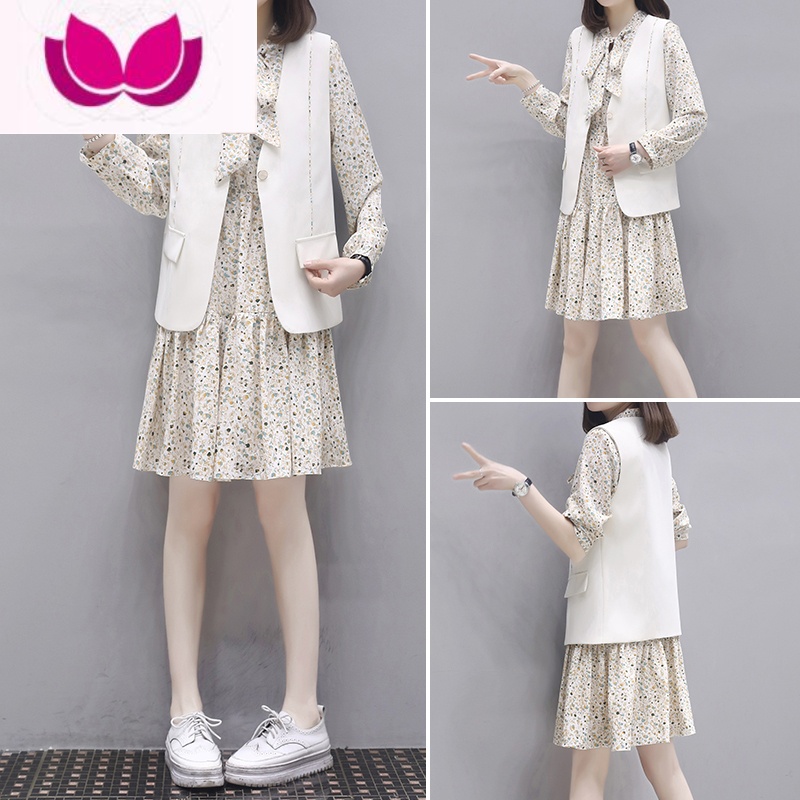 七斓马甲套装裙女装2023年春季休闲宽松外套韩版雪纺碎花连衣裙套 米色两件套 M