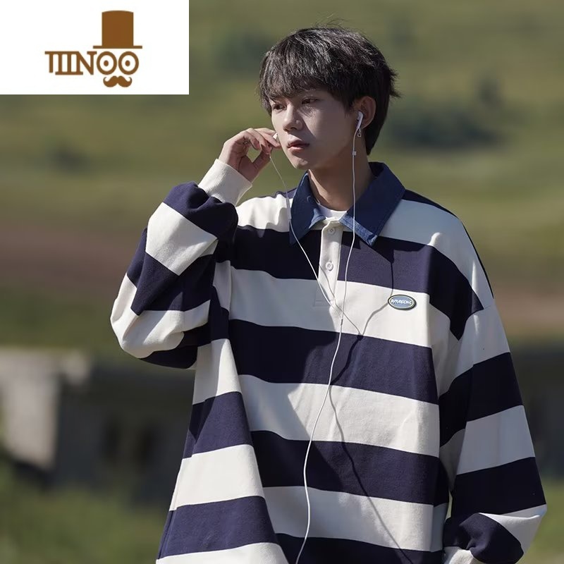 YANXU日系港风条纹翻领卫衣男女宽松拼色polo衫长袖男学院风上衣高清大图
