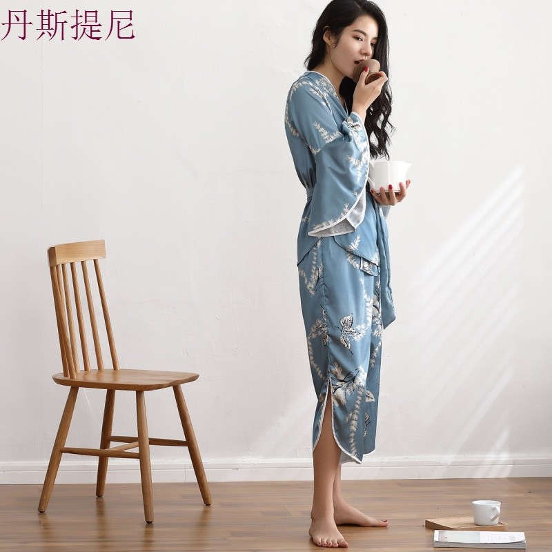 日式和服睡衣女士长袖套装冰丝秋季女性感丝绸家居服春秋款