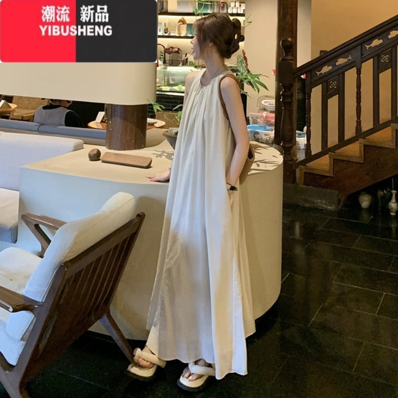 YIBUSHENG白色背心吊带连衣裙女广州十三行新疆旅行穿搭海边度假及地长裙