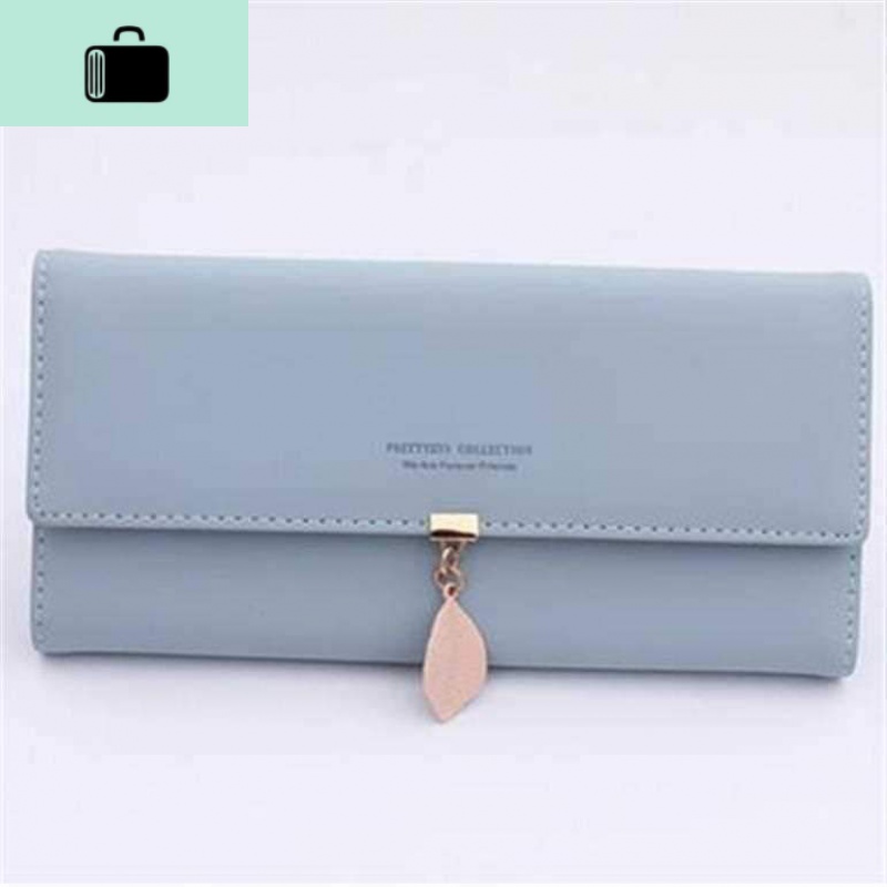 女士包包 年多功能新款韩版小清新树叶吊坠长款三折钱夹NEW LAKE女士钱包/卡包 浅蓝