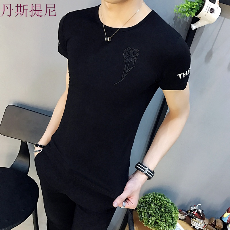 17夏季新款短袖T恤男韩版修身打底衫刺绣夜店时尚半袖体恤男装潮