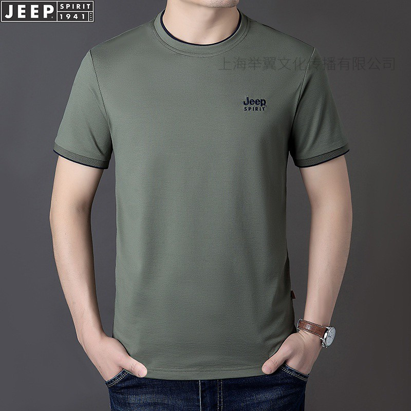 jeepspirit圆领短袖t恤男夏季宽松纯色半袖体恤大码