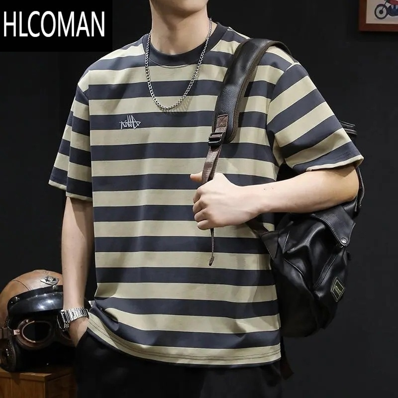 HLCOMAN2024夏季新款宽松大码男款圆领套头体恤潮牌条纹撞色短袖T恤上衣