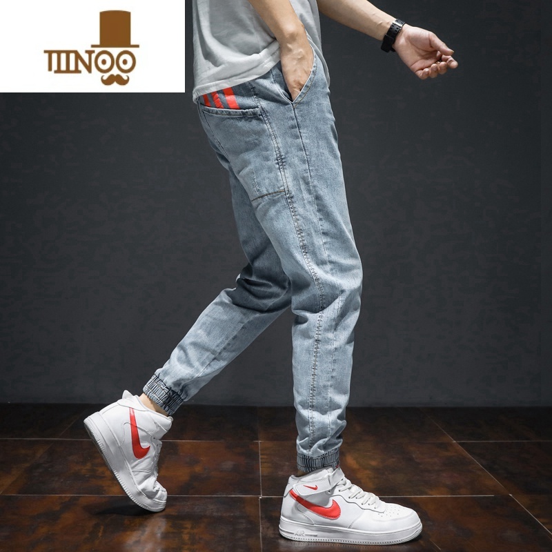 YANXU弹力胖子夏季大码牛仔裤男士夏天薄款宽松加肥加大束脚工装男裤子高清大图