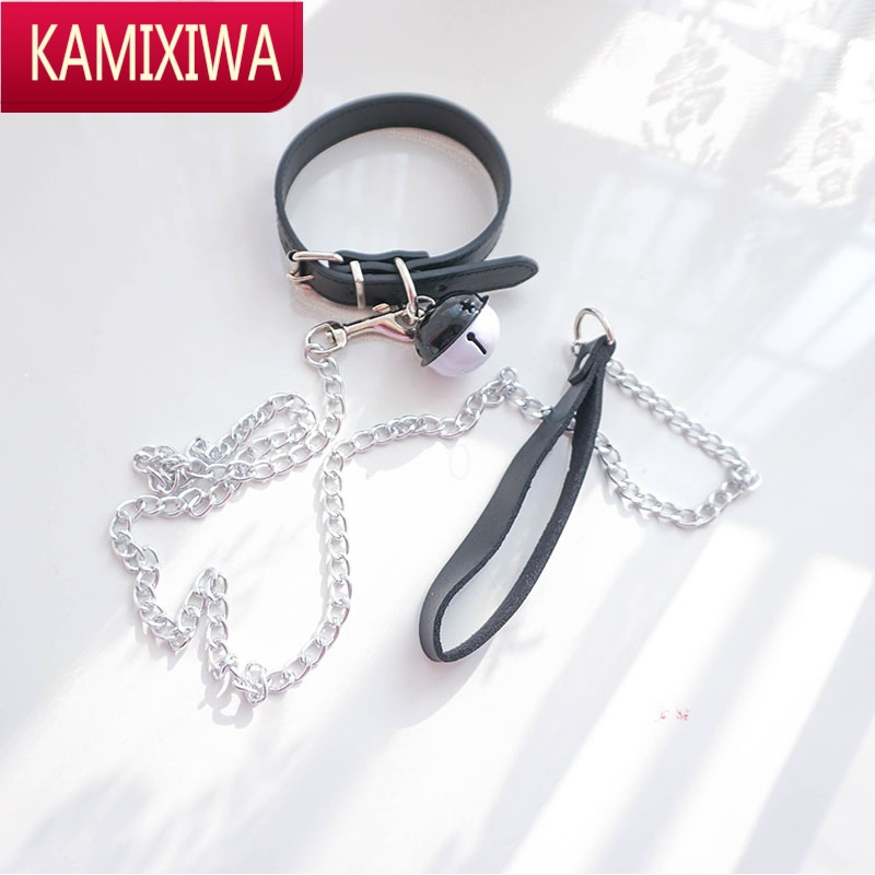 kamixiwa铃铛项圈颈链锁骨链饰品pu牵引绳脖环朋克铁链暗黑色cos合金