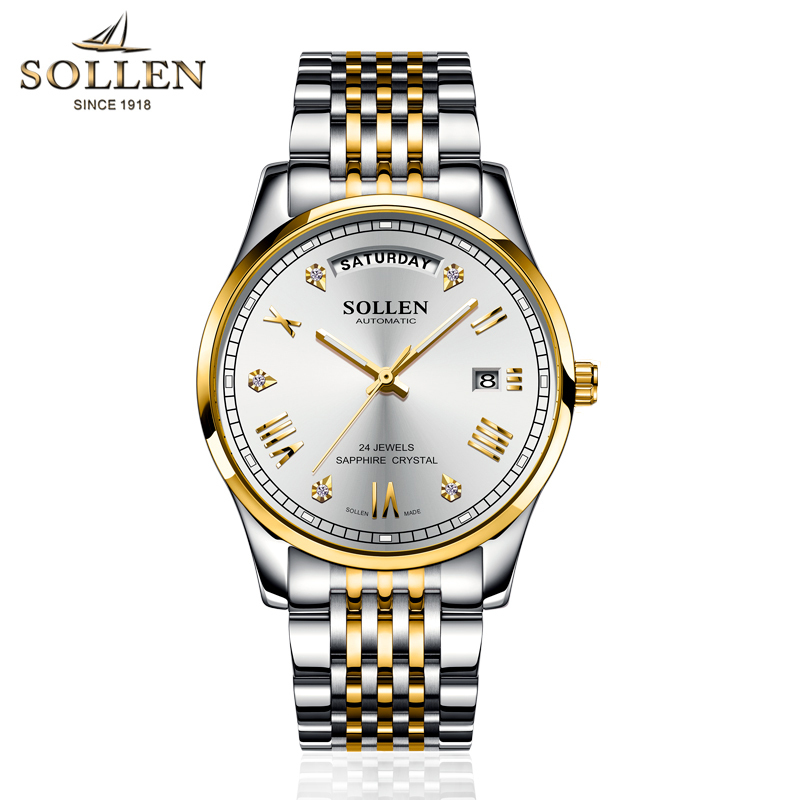 梭伦(SOLLEN)手表男日历超薄自动机械表防水时尚学生新款商务休闲男表SL9016