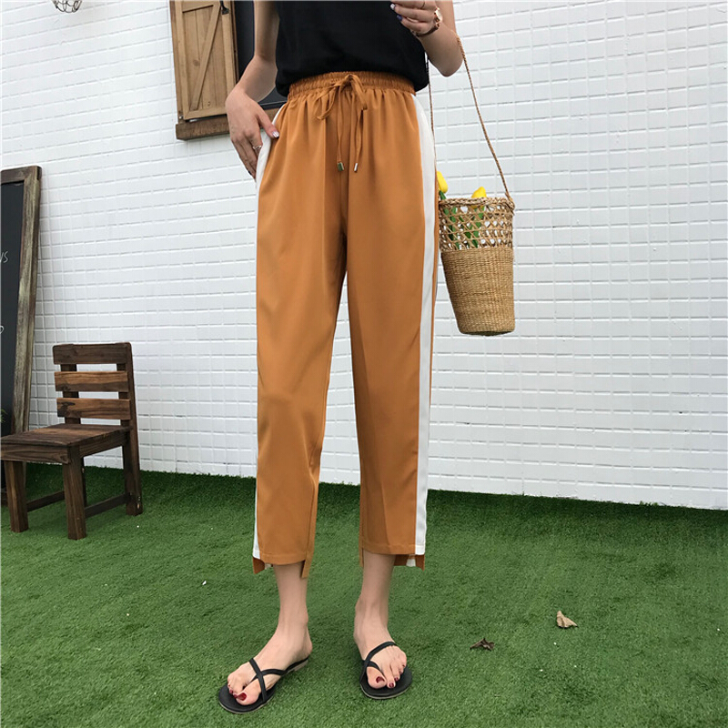 夏季女装韩版宽松侧边条纹系带松紧腰休闲裤高腰显瘦九分裤哈伦裤黑色均码